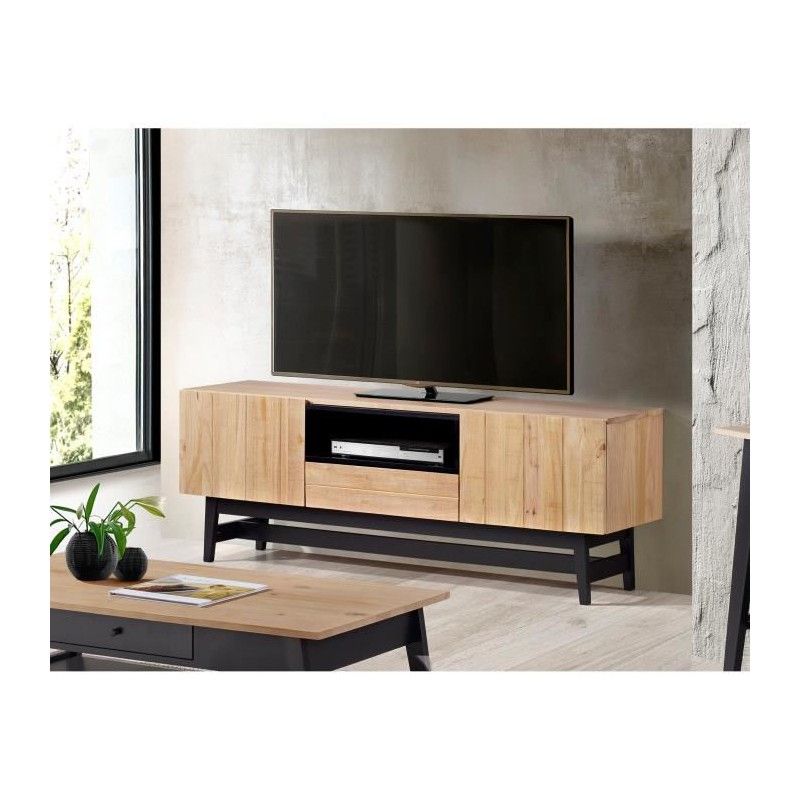 Meuble Tv Bois Et Noir : Studio Meuble Tv 160 Cm En Bois Massif Vernis Et Noir Meuble Tv Bois Et Noir : Studio Meuble Tv 160 Cm En Bois Massif Vernis Et Noir