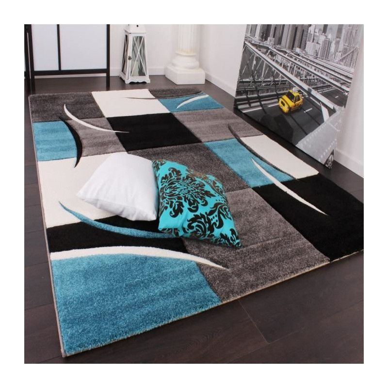 Diamond Tapis De Salon Bleu Turquoise Gris Et Noir
