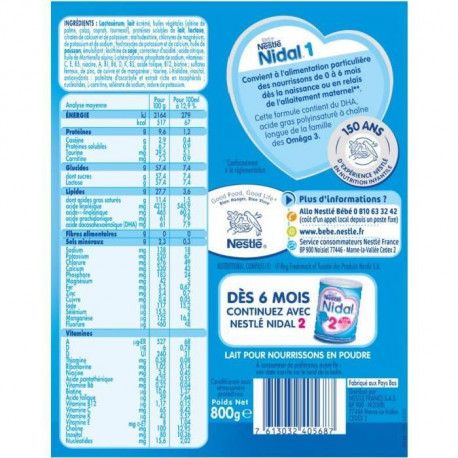 Nestle Nidal Lait En Poudre 1er Age 800 G De 0 A